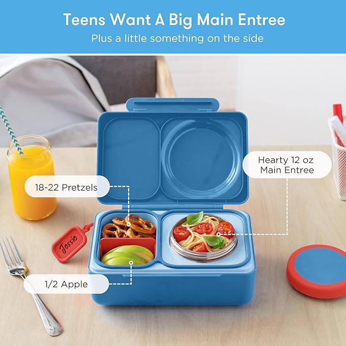 Omie OmieBox UP bento Box for Kids | Insulated Lunch Box | Leak Proof Vacuum Insulated Thermal Food jar | Cooler ice Pack | 2 Compartments (Cosmic Blue)
