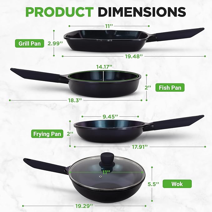 NutriChef NonStick Frying Pans – 5-Piece Skillet Set with Ceramic Coating, Wok, Grill, Fry & Fish Pans – Compatible with All Cooktops, Including Induction – Cool-Touch Handles, Easy-Clean
