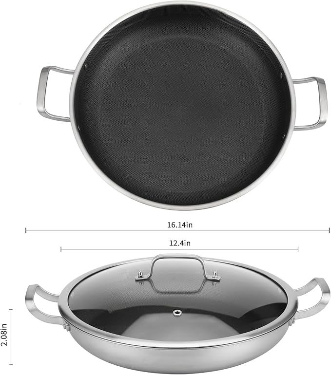 Tri-Ply Stainless Steel Paella Pan,12 Inch Nonstick Large Skillet, 8 Servings 18/10 Paella Pan with Lid,Jumbo Cooker,Induction Pan,Large Skillet for Outdoors, Camping, Parties