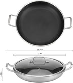 Tri-Ply Stainless Steel Paella Pan,12 Inch Nonstick Large Skillet, 8 Servings 18/10 Paella Pan with Lid,Jumbo Cooker,Induction Pan,Large Skillet for Outdoors, Camping, Parties