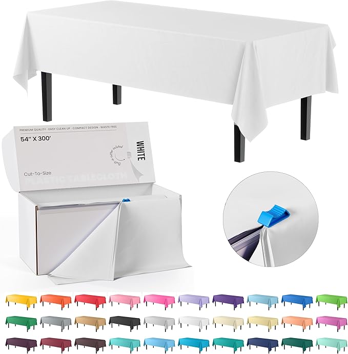 Exquisite Party Solids 54 Inch X 300 Feet White Plastic Table Cover Roll in A Cut - to - Size Box with Convenient Slide Cutter. Cuts Up to 36 Rectangle 8 Feet Plastic Disposable Tablecloths