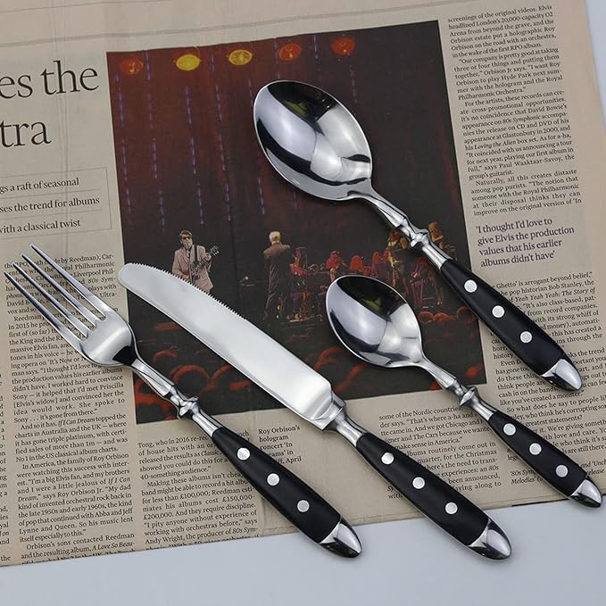 IKXO 24 Pieces Black Silverware Set, Black Flatware Set, Food-Grade Stainless Steel Cutlery Set for 6, Tableware Eating Utensils, Mirror Finished, Dishwasher Safe