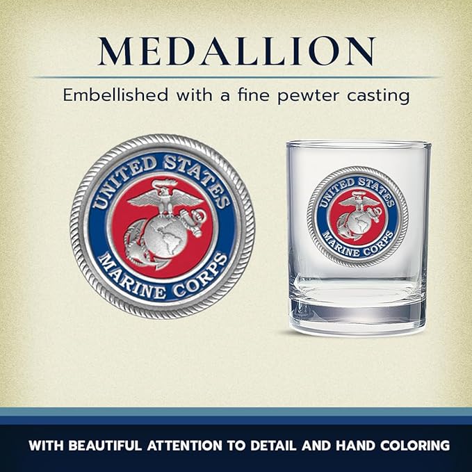 Heritage Pewter Marines Double Old Fashion- Eagle Globe & Anchor | Double Rocks Glass 14 OZ for Liquor | Expertly Crafted Pewter Glass