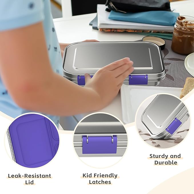 Stainless Steel Kids Leak-Resistant Bento Lunch Box, 3-Compartments with Silicone Container, Dishwasher-Safe, Child-Friendly Design for School, Picnics & Travel,BPA-Free(Purple)