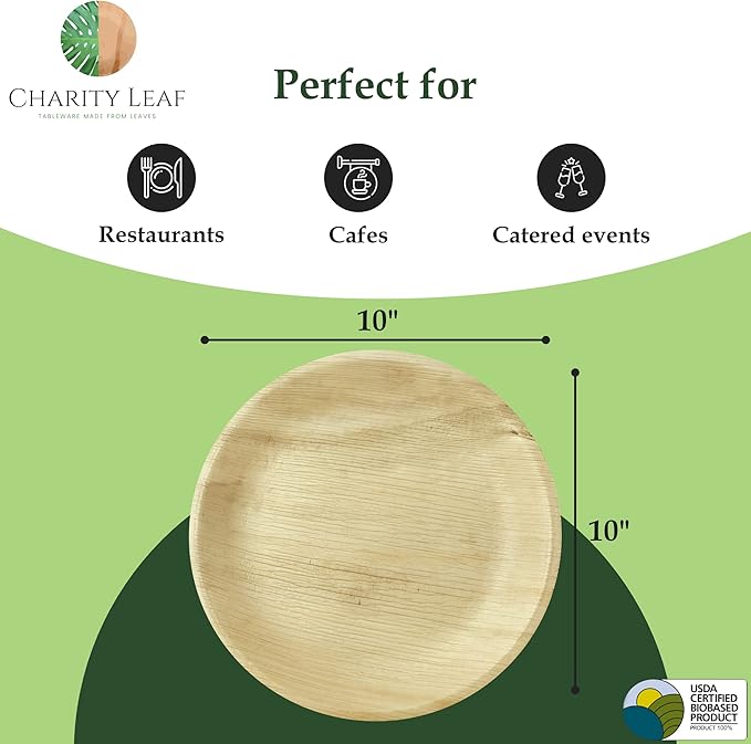 Disposable Palm Leaf 10" Round Plates (200 pieces) Bamboo Like Serving Platters, Disposable Boards, Eco-Friendly Dinnerware For Weddings, Catering, Events