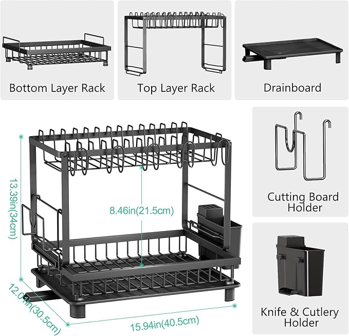 Dish Drying Rack, 2 Tier Space-Saving Dish Rack, Multifunctional Dish Drainer for Kitchen Counter with Drainboard/Utensil/Cup Holder Rustproof Carbon Steel, Black