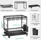 Dish Drying Rack, 2 Tier Space-Saving Dish Rack, Multifunctional Dish Drainer for Kitchen Counter with Drainboard/Utensil/Cup Holder Rustproof Carbon Steel, Black