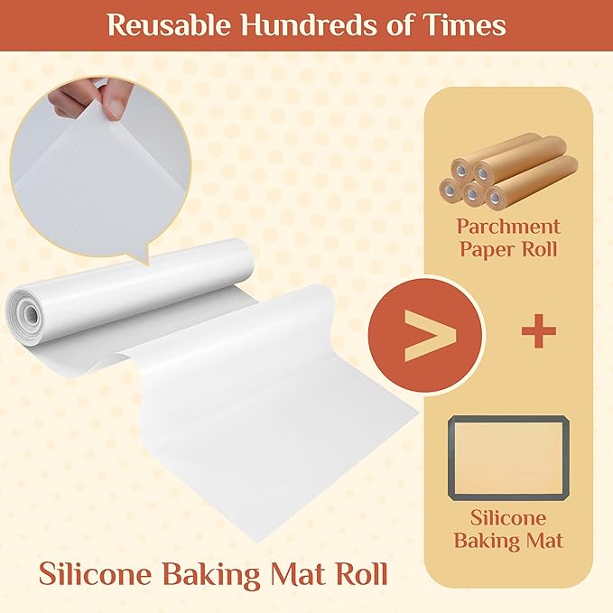 Silicone Baking Mat, 16 IN x 10 FT Free Cutting Baking Sheet,Non-Stick Reusable Dough & Pastry Mat,Non-Slip Silicone Mat Roll for Air Fryer Liner,Freeze Dryer,Oven Baking Pan,Kitchen Counter