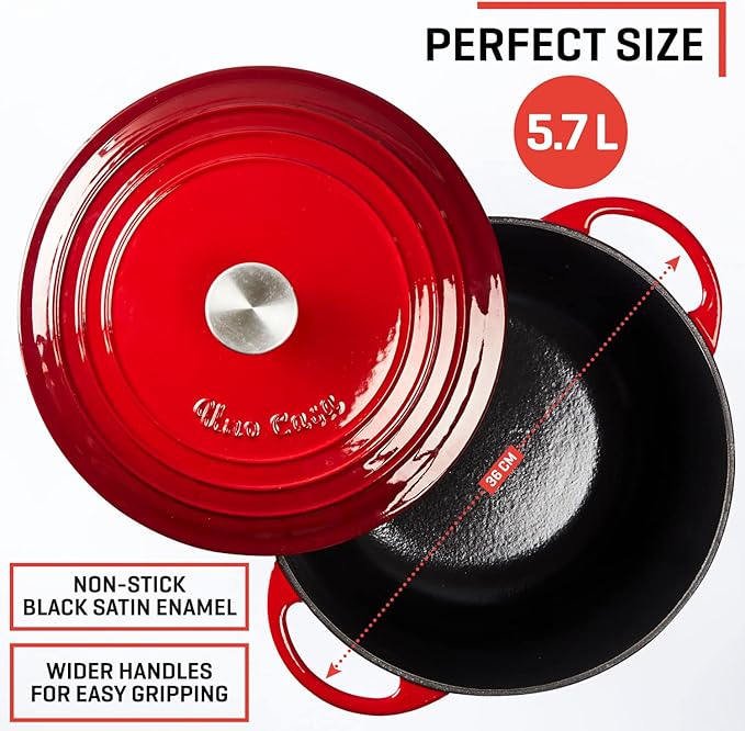 Uno Casa Enameled Cast Iron Dutch Oven - Red - 6Qt Dutch Oven Pot with Lid, Long-Lasting Enamel Casserole Dish for Bread Baking, Stews, and Roasting - Durable Non-Stick Iron Cookware for Versatile Cooking