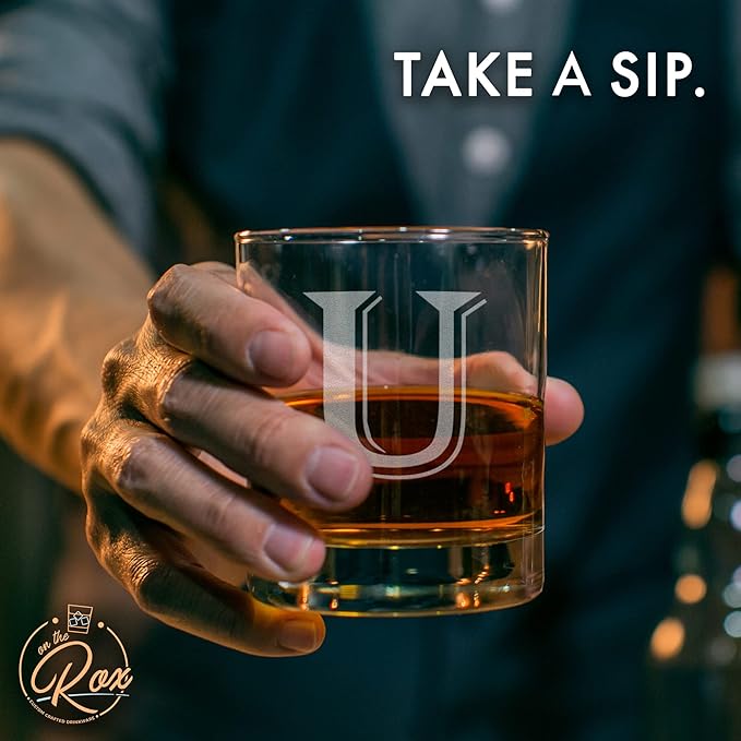 Monogrammed Gifts for Men - 4PC 11 Oz Custom Whiskey Glasses (U-Monogram) - Engraved Whiskey Glasses - Personalized Whiskey Glasses - Unique Bourbon Glasses - Personalized Glass Gifts for Dad