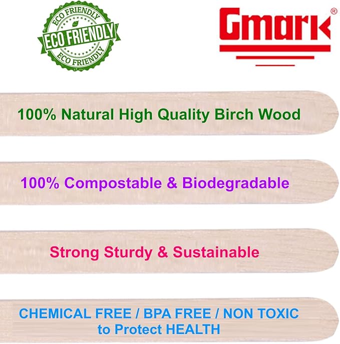 Gmark Individually Wrapped Wood Coffee Stir Sticks - 7" (length 178mm, width 6mm, thick 1.8mm) - 500pc Round End, Eco Friendly Coffee Stirrers for Hot Drinks - Natural Birch Wood GM1116A