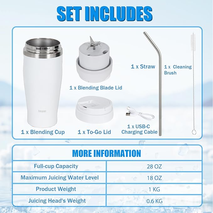 Ice Shave 2-in-1 Stainless Steel Vacuum Tumbler & Cordless Blender - 28oz, Leak Resistant, Cold 24Hrs/Ice 2 Days, 120 Watts with Waterproof Charging - For Smoothies, Home/Office/Car, White