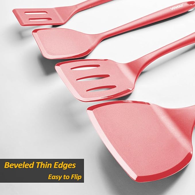 Silicone Pancake Spatula Turner with Lengthened Handle& Seamless Design, Heat Resistant Cooking Spatulas for Nonstick Cookware, Large Flexible Kitchen Utensils, Flipper for Egg, Pancake, Burger, Red