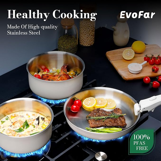 14 pcs Stainless Steel Cookware Set, Detachable Pots and Pans Set with Removable Handle, Non Toxic Space Saving RV Camping Cookware Set, Induction Cookware, Dishwasher & Oven Safe