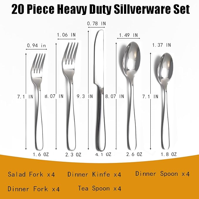 20-Piece Silverware Set, Flatware Set for 4, Food-Grade Stainless Steel Tableware Cutlery Set, Mirror Finished Utensil Sets for Home Restaurant, Forks Spoons and Knives Set, Dishwasher Safe