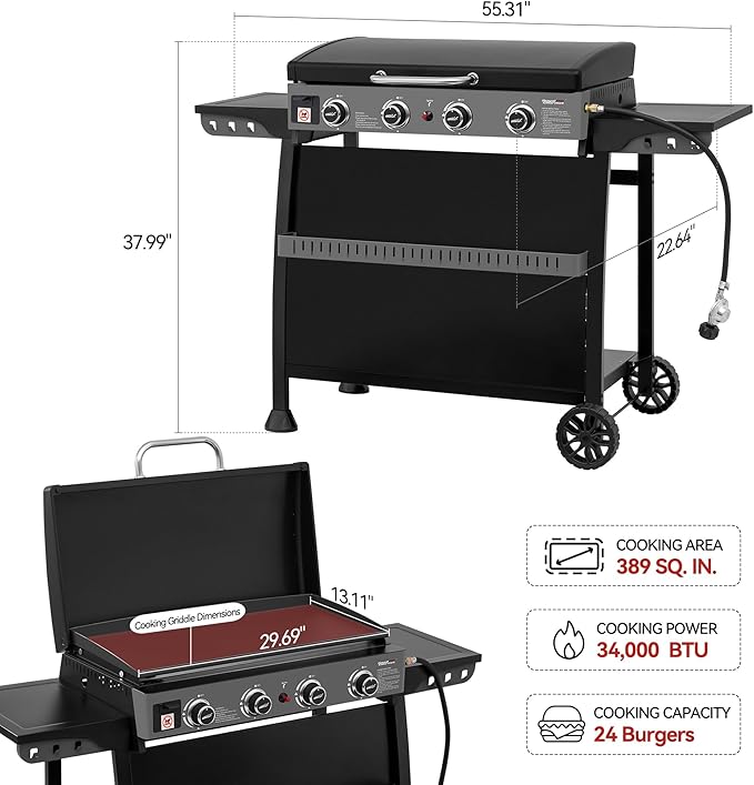 Royal Gourmet PD4001 4 Burner Propane Gas Griddle with Removable Standing Cart, Convertible to Tabletop Design, Flat Top Grill with Hood for Camping, Tailgating, Backyard, Black