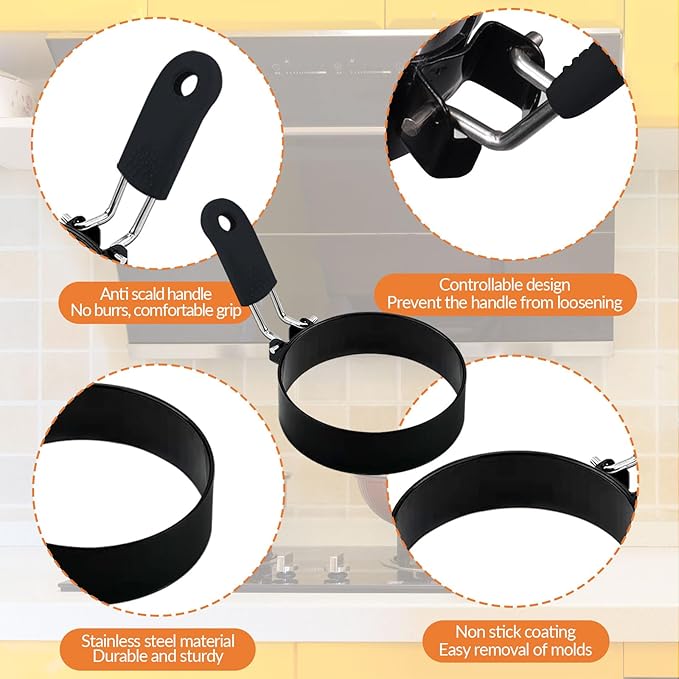 4 Pack Egg Poachers Rings, Stainless Steel Egg Cooking Rings, Round Pancake Mold for Frying Eggs, Omelet and Muffins, Non-stick Fried Egg Mold Ring, 4 Shapes