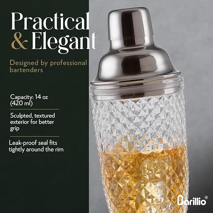 Barillio 14 oz Glass Cocktail Shaker | Cobbler Mixer with Built-In Strainer, Leak-Proof Clear Martini Shaker for Single-Serve Drinks