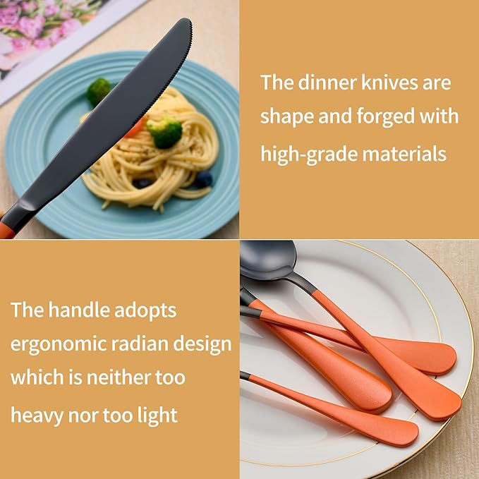 20-Piece Black Silverware Set 18/0 Stainless Steel Silverware Set Orange Handle Cutlery Set Service for 4 Dinner Knives Forks Spoons Set Flatware Set Finish Dishwasher Safe