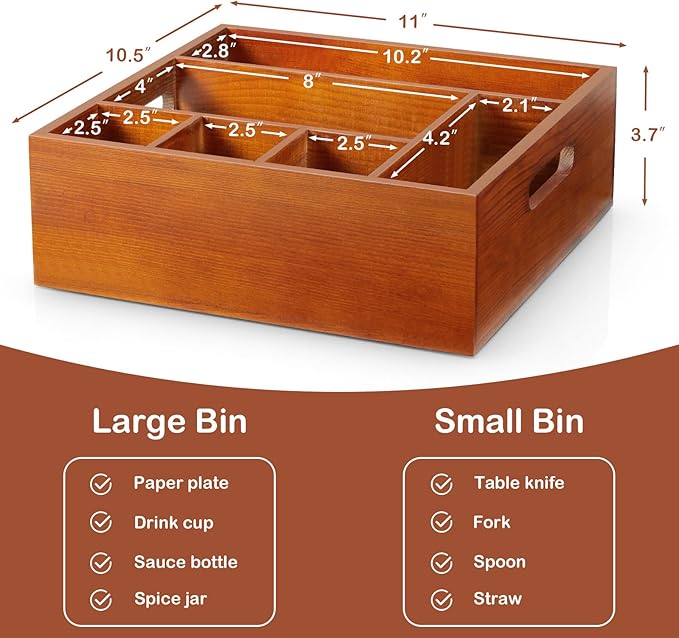 Wood Utensil Holder for Party, 6-Compartment Paper Plate Organizer with Handles, Wooden Silverware Caddy for Picnic, Camping, BBQ, Buffet, and Kitchen Countertop Organization, Brownish red