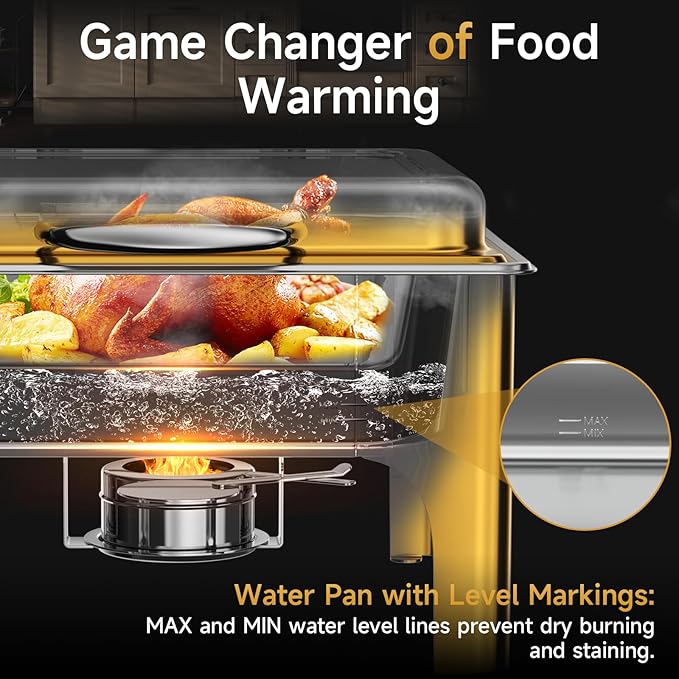 Chafing Dishes for Buffet, 6QT Square Stainless Steel Chafing Dish with Transparent Hydraulic Lid, 304 Food Pan, Buffet Warmer for Parties and Events (Golden)