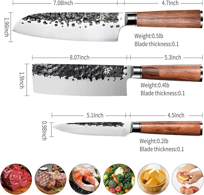 3-Piece Kitchen Knife Set - Santoku, Usuba & Paring Knives, German High Carbon Stainless Steel, Hand-forged with Brazilian Rosewood, Gift Box