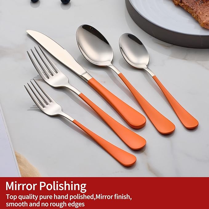 20-Piece Orange Silverware Set 18/0 Stainless Steel Flatware Orange Handle Cutlery Set Service for 4 Dinner Knives Forks Spoons Set Mirror Finish Dishwasher Safe