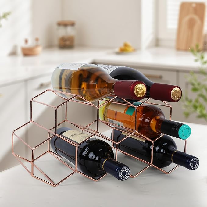 Rose Gold Wine Racks Countertop 9 Bottle,Geometric Stainless Steel Wine Bottle Holder,Compact Small Wine Rack for Cabinet Pantry Bar Table No Assembly Required