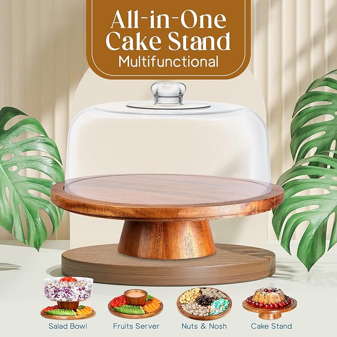 Homeries Acacia Wood Cake Stand with Lid, Cake Plate, (6 in 1) Multi-Functional Serving Platter, Large Cake Stand with Dome, Cake display stand with lid & Cake Dome - Use as Cake Holder, Cake Cover