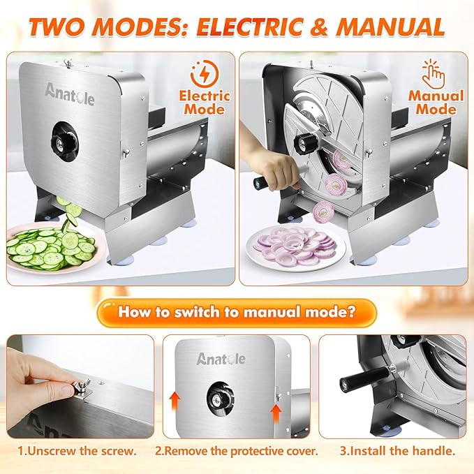 Anatole Electric Vegetable Slicer Commercial Fruit Cutter Stainless Steel 0-0.4'' Thickness Adjustable with Manual Mode for Tomato Onion Potato Cabbage Lime Orange