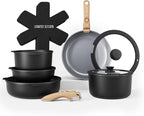 Country Kitchen Cookware Set with Removable Handle, Oven & RV Safe Pots and Pans Set, Black/Grey Wood Handle, Original