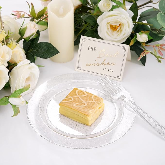 WDF 120PCS Silver Plastic Plates- Disposable Silver Glitter Plates, Premium Heavy Duty 60-10.25" Dinner Plates and 60-7.5" Salad Plates for Parties &Wedding