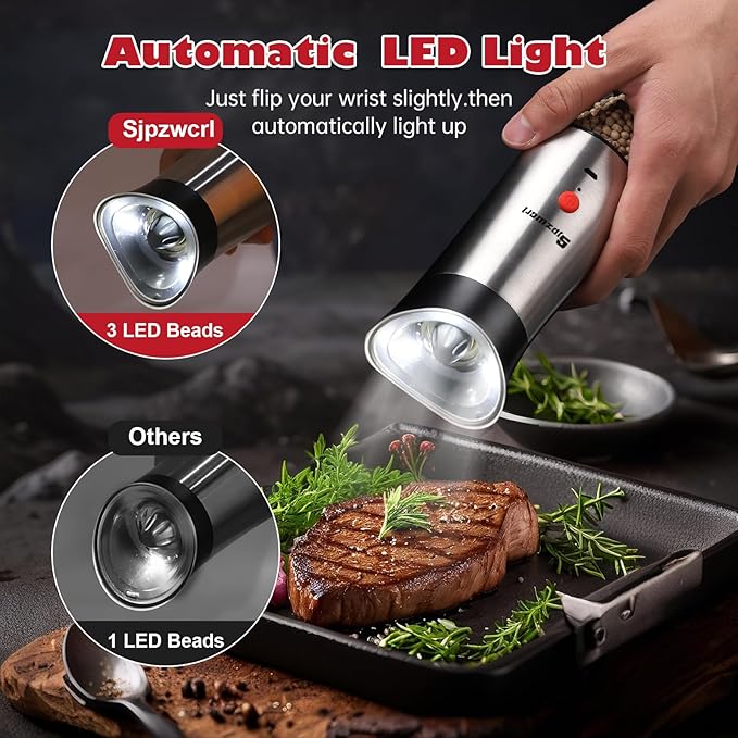 Electric Salt and Pepper Grinder Set: For Gravity Automatic Salt and Pepper Grinder Set with Light Adjustable Coarseness Sea Spice Shakers Stainless Steel Rechargeable Spice Peppercorn Mill