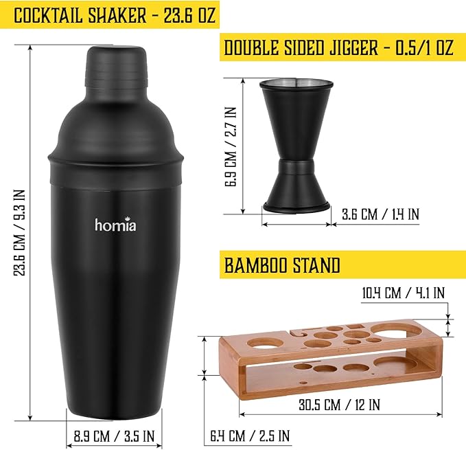 Bartender Kit with Whiskey Smoker - 13 pcs, Bamboo Stand - Bar Set with Cocktail Shaker, Bartending Kit with Essential Bar Accessory Tools, Wood Chips, Black Matte