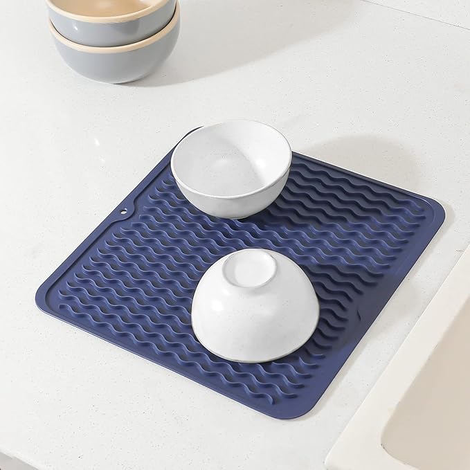 Silicone Dish Drying Mat for Multiple Usage,Easy clean,Eco-friendly,Heat-resistant Silicone Mat for Kitchen Counter or Sink,Refrigerator or Drawer liner Navy Blue M 12 inches x 12 inches