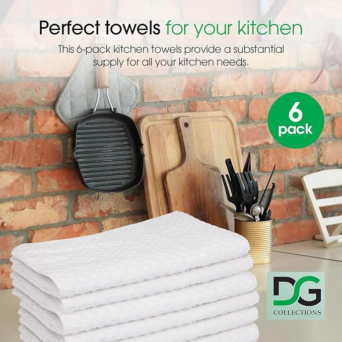 DG Collections Terry Dish Towels, 100% Cotton Kitchen Towels, Set of 6 (18x28 inch) Hand Towels - 400 GSM, Absorbent Terry Cloth Dish Towels for Kitchen, Soft Tea Towels - White Color