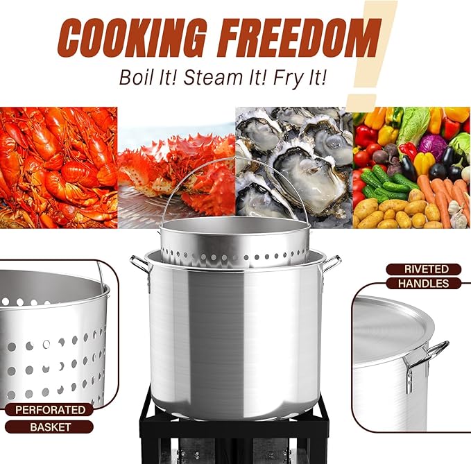 50QT Crawfish Boiler Kit, Waterproof Cover & 12-inch Skimmer, 110,000BTU Propane Burner Stove, 0-20PSIG Regulator, Aluminum Seafood Boil Pot, Crab Boil Pot with Basket