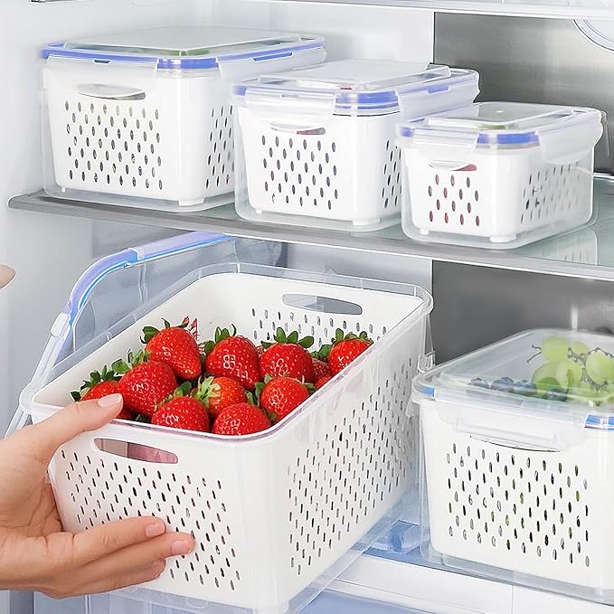 Large Fruit Containers for Fridge - Leakproof Food Storage Containers with Removable Colander - Dishwasher safe Produce Containers Keep Fruits, Vegetables, Berry, Meat Fresh longer (3)