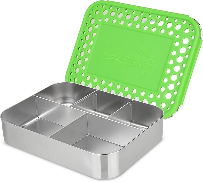 LunchBots Large Cinco Stainless Steel Lunch Container - Five Section Design Holds a Variety of Foods - Metal Bento Box - Dishwasher Safe - Stainless Lid - Green Dots