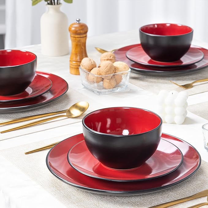Plates and Bowls Sets for 4 - CJDC-QUELO 16-Piece Stoneware Dinnerware Sets, Ceramic Dishware Set for Indoor Kitchen Use and Formal Dining, Chip and Scratch Resistant Microwave Dishwasher Safe, Red