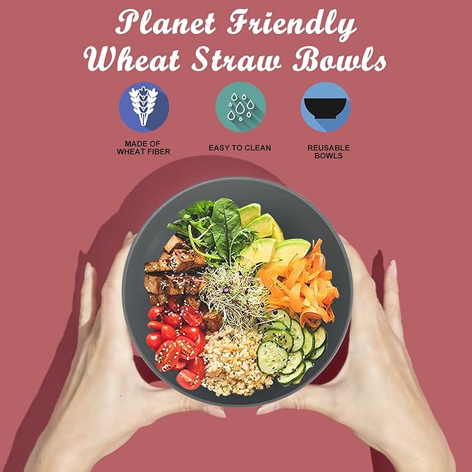 Wrova Wheat Straw Bowl Sets,6PCS Unbreakable Cereal Bowl 36 OZ,Microwave and Dishwasher Safe Bowls,Salad Bowls for Dorm,Apartment,Camping,Picnic (Deep Grey)
