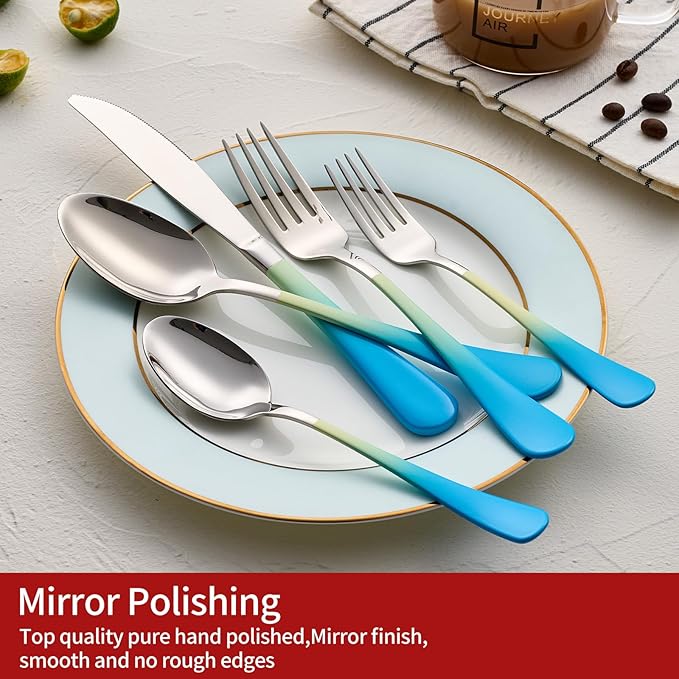 Colorful Silverware Set 20 Piece 18/0 Stainless Steel Flatware Blue and Yellow Handle Cutlery Set Service for 4 Fork Knife Spoon Set Mirror Finish Dishwasher Safe