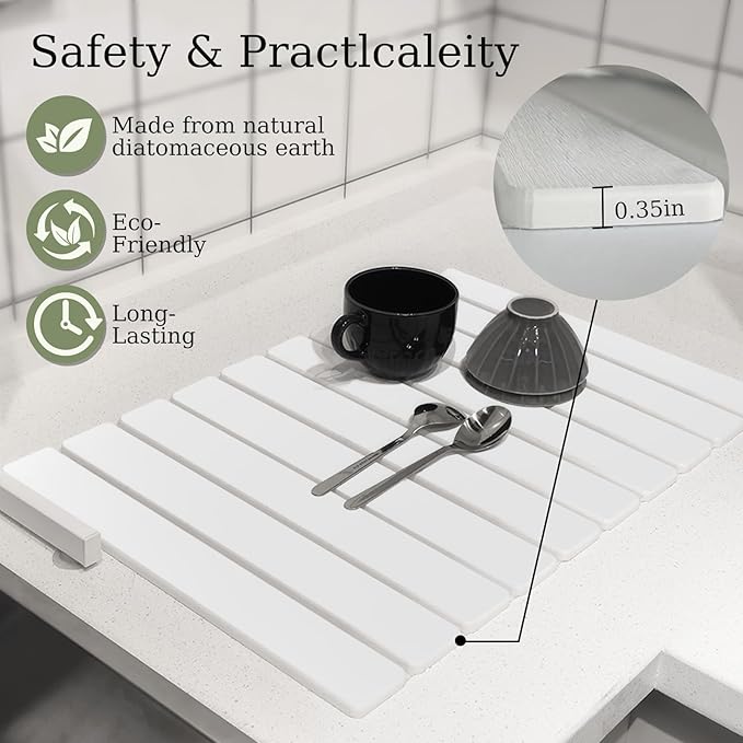 Hopegiver Stone Drying Mat for Kitchen Counter, 23.62"x15.35" Collapsible Quick Dry Dish Drying Mat, Super Absorbent Diatomaceous Earth Mat for Dishes Bottles Cups Bathroom, White with Sanding Block