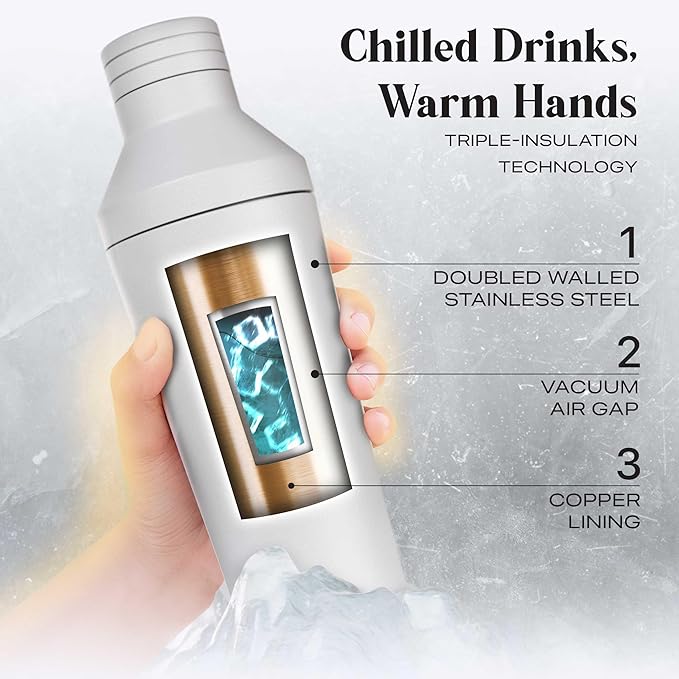 Insulated Cocktail Shaker Set | Double Wall Stainless Steel | Martini Shaker for Home Bar Bartending | Built-in Drink Measurement System & Strainer, Travel Bag, 35 Recipes | Gift Set (Matt White)