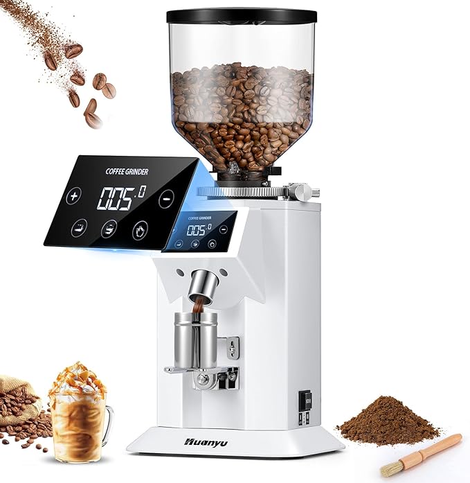 Huanyu Commercial Coffee Grinder with 74mm Flat Burr Reinforced 53oz Bean Hopper (40% Thicker), 15 Stepless Grinds, Touch Screen White