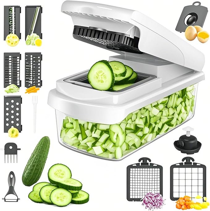 JAYVAR Vegetable Chopper for Mandoline Slicer, 15-In-1 Veggie Choppers, Cheese Grater, Onion Cutter with Container, Kitchen Gadgets Essentials, Vegetable Dicer, Onion Mincer Tomato Slicer (White)