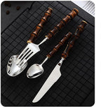 Wood Bamboo Silverware Set for 14 Cutlery Flatware Set Elegant Tableware Stainless Steel Cutlery Utensil Sets for Home Kitchen Restaurant Wooden Handle Dishwasher Safe 56 Pieces