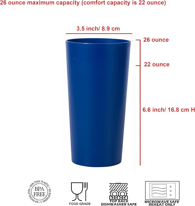 26-ounce Plastic Drinking Glasses Stackable Tumblers Water Cups Mixed Drinkware, set of 6 Mixed Color Reusable Shatter-resistant Dishwasher Safe