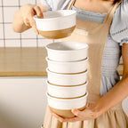 Hasense Ceramic White Colorblocked Design Bowls - 20 OZ Stackable Set of 6, Dishwasher and Microwave Safe for Pasta, Oatmeal, Rice, Ice Cream