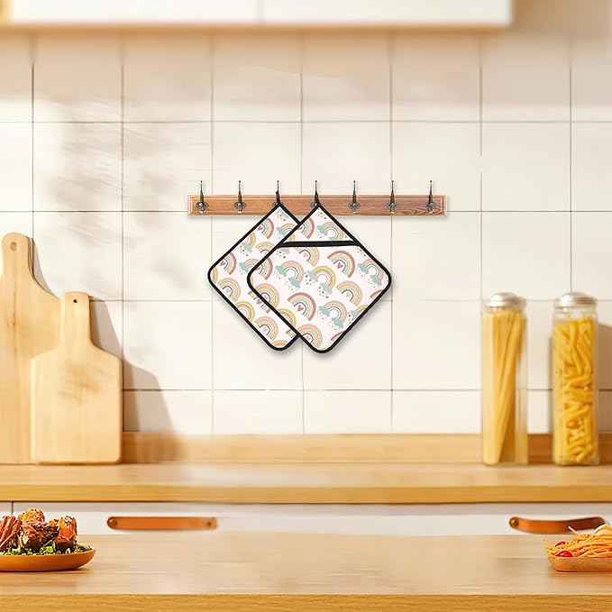 2 Pack Boho Rainbow Cloud Pot Holders for Kitchen Heat Resistant, Potholders for Kitchens Washable for Cooking & Baking & Microwave